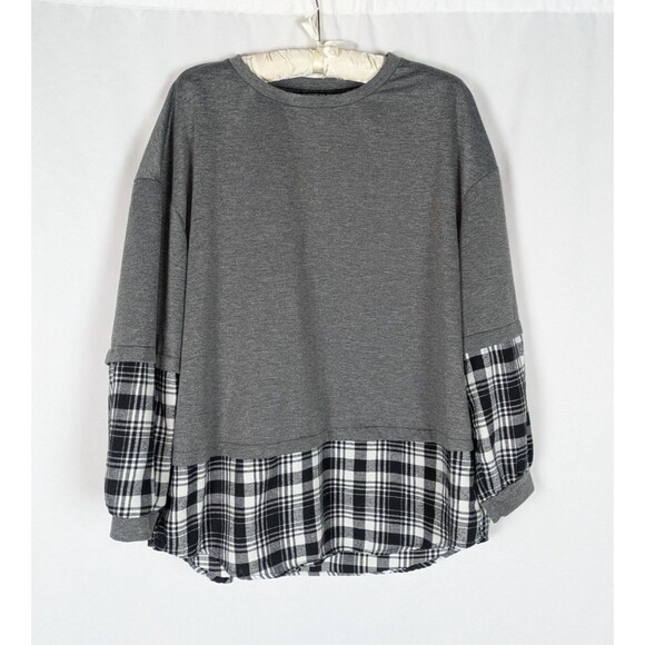 Bloomchic Sweatshirt 14 16 Women's Gray Plaid Patchwork Round Neck Arc Hem - Picture 2 of 6